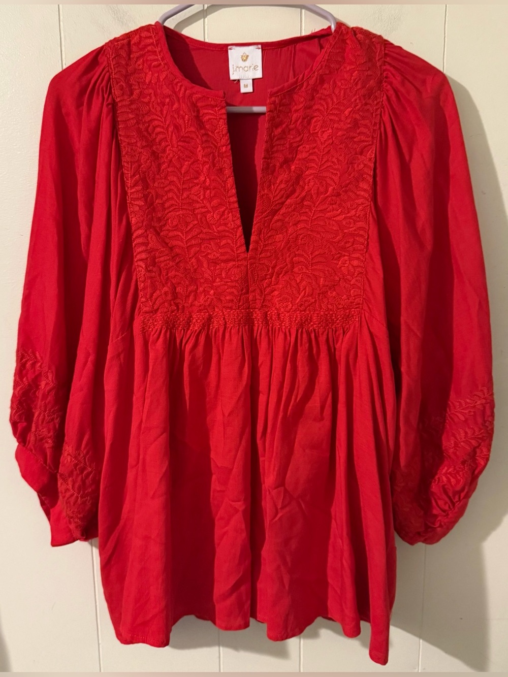 J.Marie Red Embroidered Baby Doll Top Puff Sleeve, M